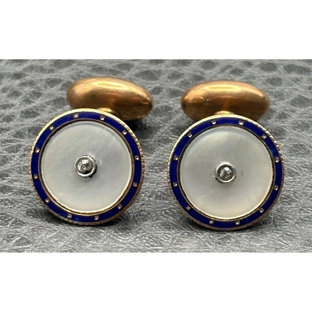 Carter & Howe 14K Gold Mother of Pearl Blue Enamel Diamond Cufflinks Art Deco